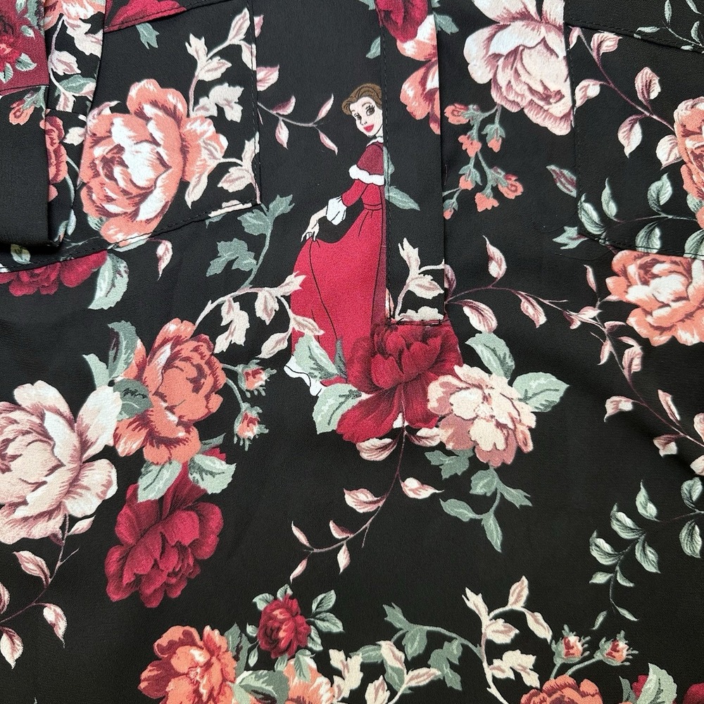 Disney Princess Beauty & the Beast Belle Size Small Black Floral Peasant Top